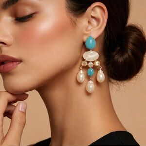 Bounkit Chandelier Earrings 14K Gold Plated Turquoise Pearls Clip-On 2-Ways